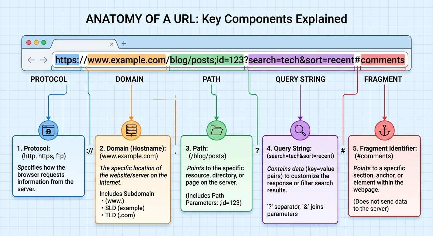Annotated URL anatomy diagram highlighting query string parameters