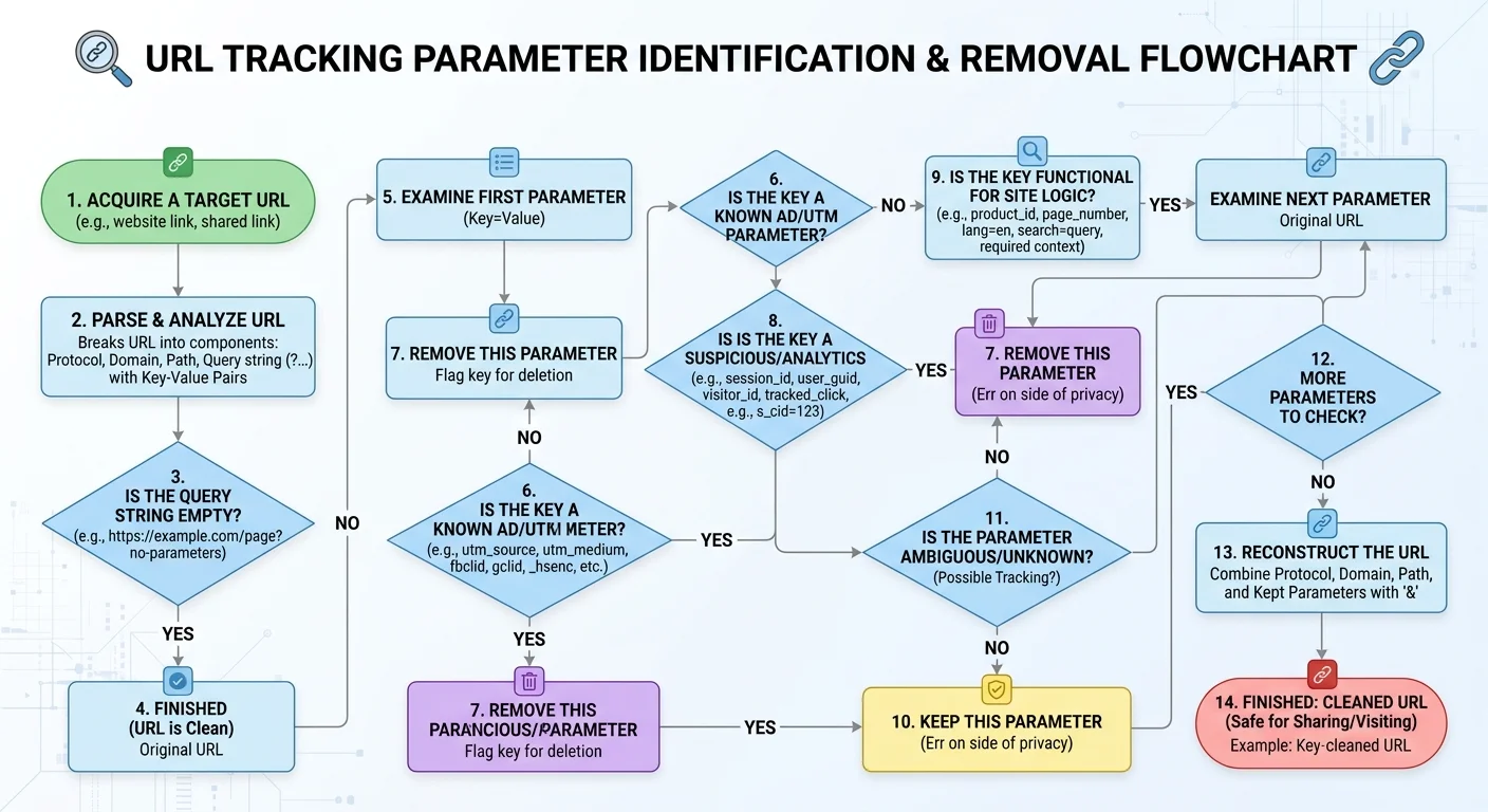 Flowchart diagram illustrating how to remove tracking parameters from URLs step by step