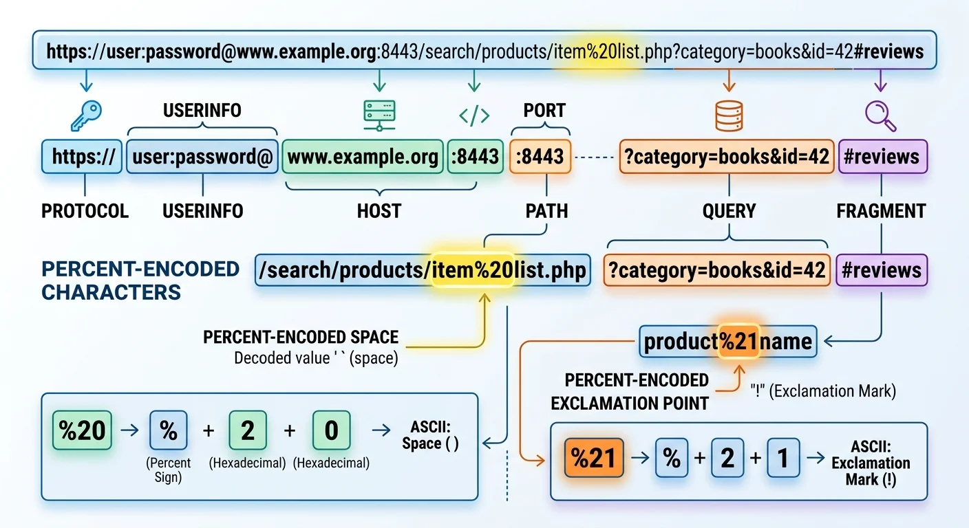 Percent encoding breakdown showing how special characters in a URL are converted to hex values