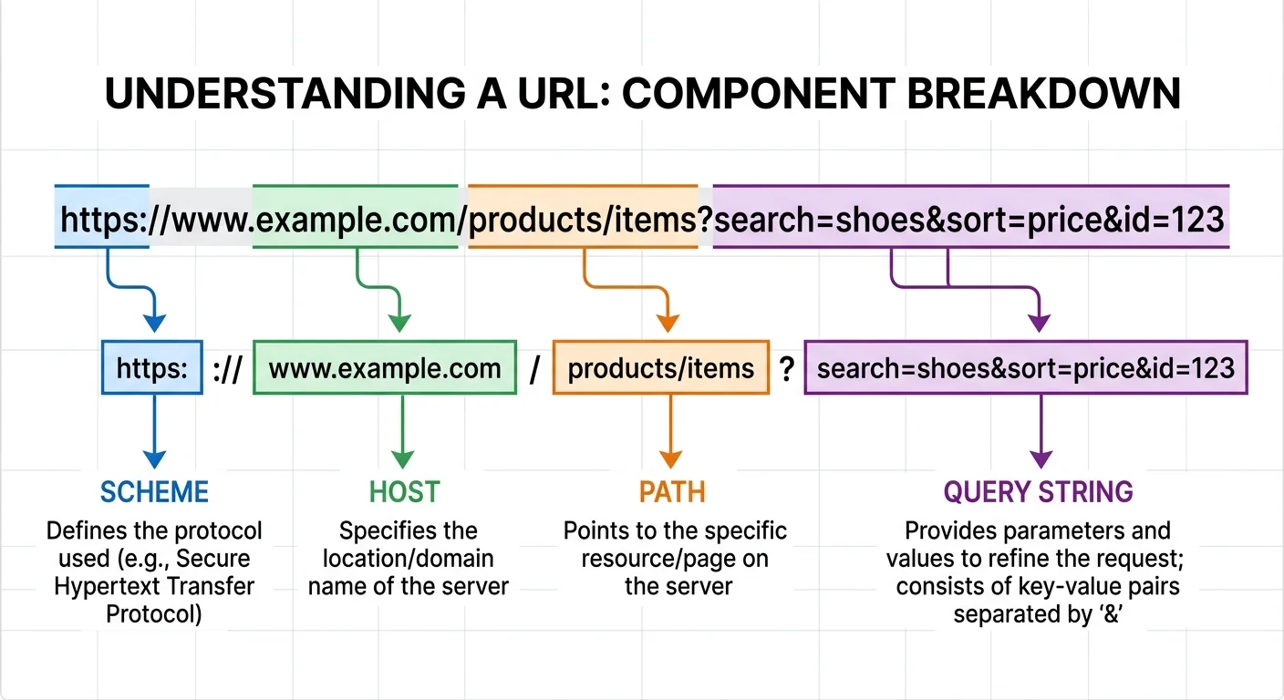 Annotated URL diagram showing query string structure with parameters highlighted
