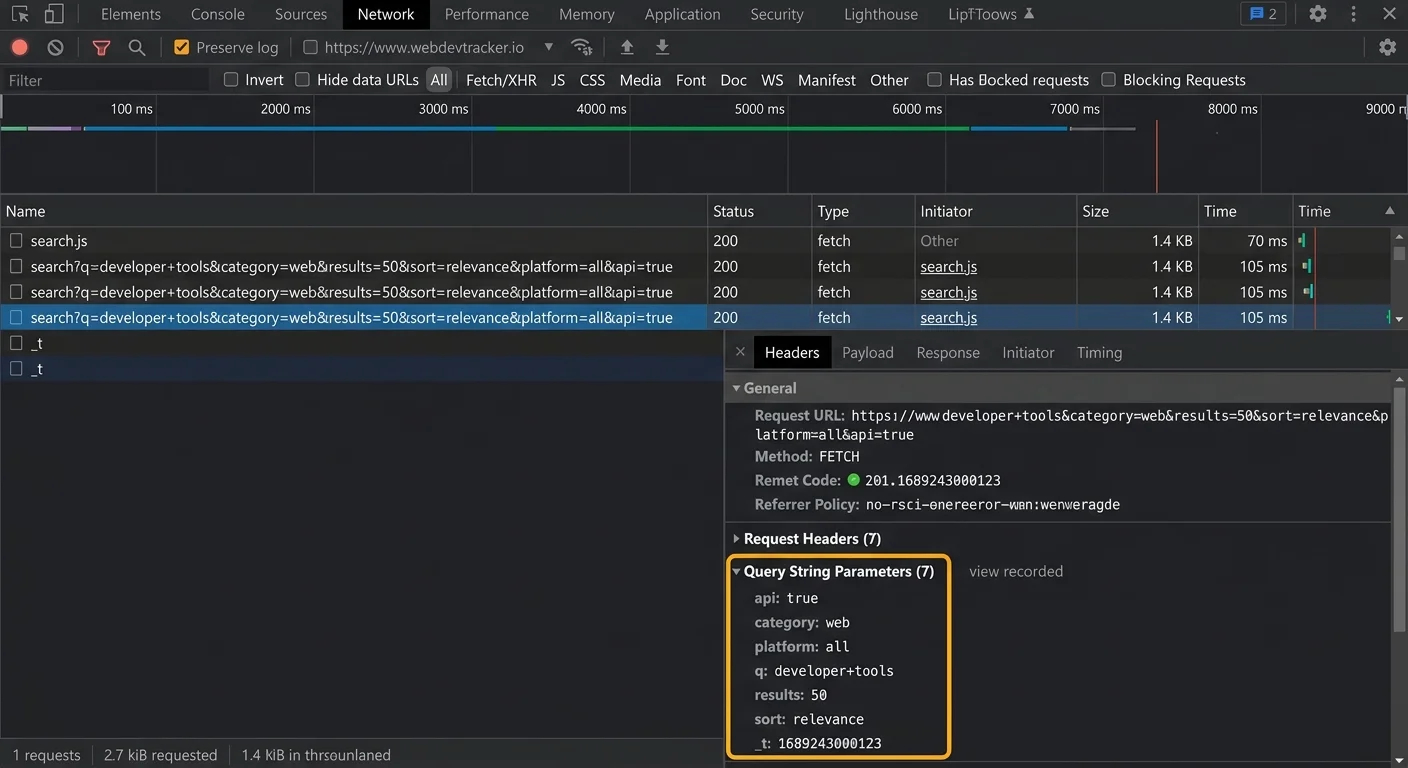 Browser developer tools showing query string parameters in a network request